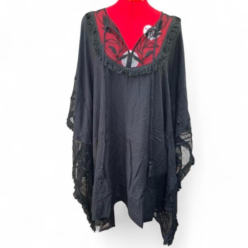 Anthropologie Black‎ Embroidered Swim Beach Coverup Fringe Whimsygoth Size XS/S